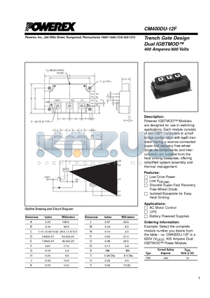 CM400DU-12F datasheet - Trench Gate Design Dual IGBTMOD 400 Amperes/600 Volts