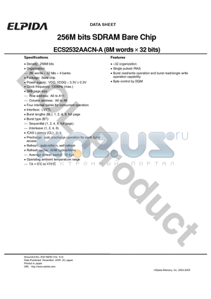 ECS2532AACN-A datasheet - 256M bits SDRAM Bare Chip