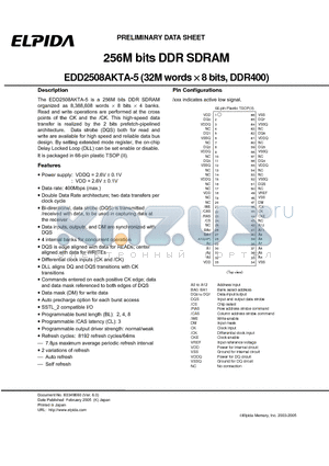 EDD2508AKTA-5 datasheet - 256M bits DDR SDRAM (32M words x 8 bits, DDR400)