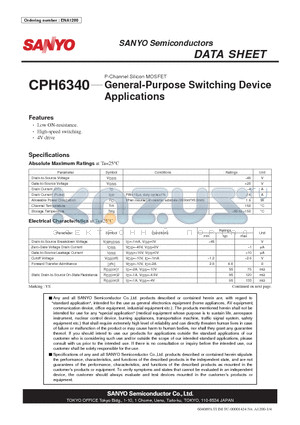 CPH6340 datasheet - P-Channel Silicon MOSFET General-Purpose Switching Device Applications