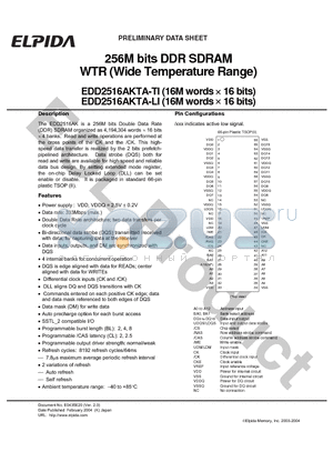 EDD2516AKTA-LI datasheet - 256M bits DDR SDRAM WTR (Wide Temperature Range)