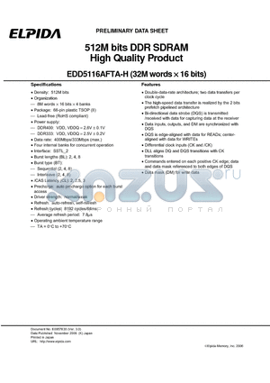 EDD5116AFTA-5BH-E datasheet - 512M bits DDR SDRAM High Quality Product