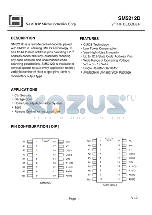SM5212D-S datasheet - SM5212D is a remote control decoder paired with SM5212E utilizing CMOS Technology.