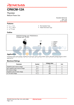 CR6CM-12A datasheet - Thyristor Medium Power Use