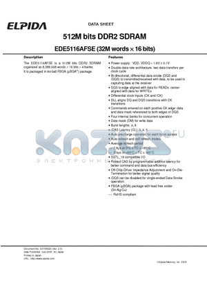 EDE5116AFSE-4A-E datasheet - 512M bits DDR2 SDRAM (32M words x 16 bits)