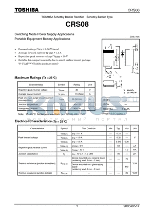 CRS08 datasheet - Switching Mode Power Supply Applications Portable Equipment Battery Applications