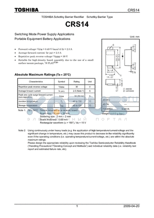 CRS14 datasheet - Schottky Barrier Rectifier Schottky Barrier Type