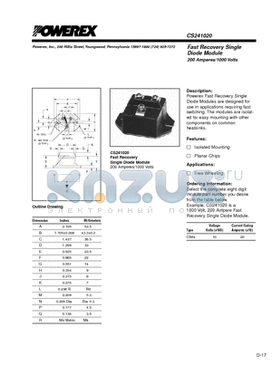CS241020 datasheet - Fast Recovery Single Diode Module 200 Amperes/1000 Volts