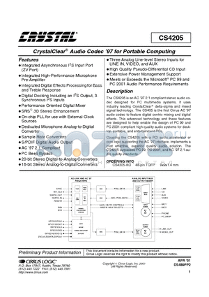 CS4205 datasheet - CrystalClear Audio Codec 97 with Portable Computing