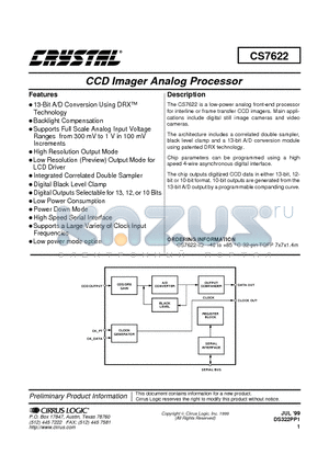 CS7622 datasheet - CCD Imager Analog Processor