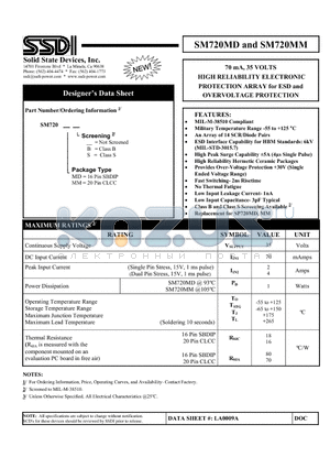 SM720MM datasheet - 70 mA, 35 VOLTS HIGH RELIABILITY ELECTRONIC PROTECTION ARRAY for ESD and OVERVOLTAGE PROTECTION