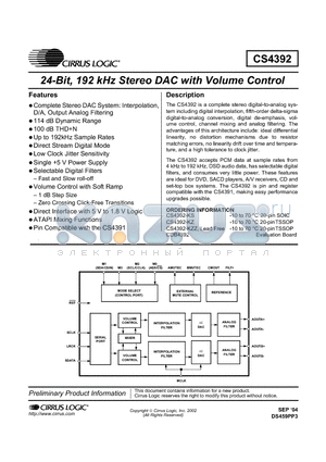 CS4392-KZ datasheet - 24-Bit, 192 kHz Stereo DAC with Volume Control