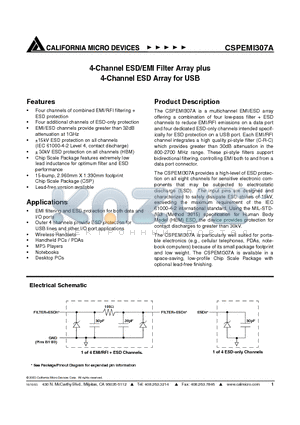 CSPEMI307A datasheet - 4-Channel ESD/EMI Filter Array plus 4-Channel ESD Array for USB