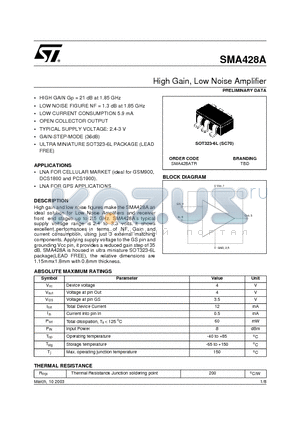 SMA428ATR datasheet - High Gain, Low Noise Amplifier