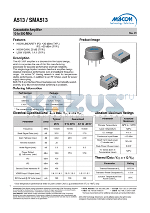 SMA513 datasheet - Cascadable Amplifier 10 to 500 MHz