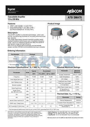 SMA70 datasheet - Cascadable Amplifier 10 to 250 MHz