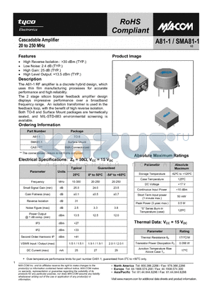 SMA81-1 datasheet - Cascadable Amplifier 20 to 250 MHz