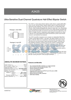 A3425EL-T datasheet - Ultra-Sensitive Dual-Channel Quadrature Hall-Effect Bipolar Switch