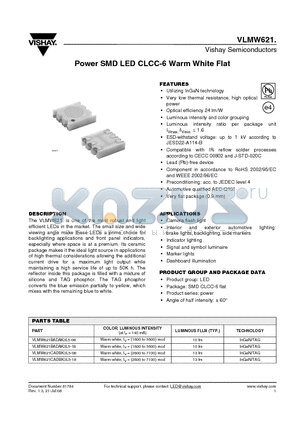 VLMW621BADAK3L5-08 datasheet - Power SMD LED CLCC-6 Warm White Flat