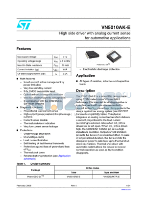 VN5010AKTR-E datasheet - High side driver with analog current sense for automotive applications