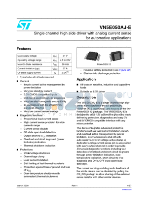 VN5E050AJ-E datasheet - Single channel high side driver with analog current sense for automotive applications