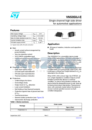 VN5050JTR-E datasheet - Single channel high side driver for automotive applications