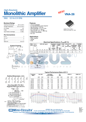VNA-28 datasheet - Monolithic Amplifier 50OHM 0.5 to 2.5 GHz