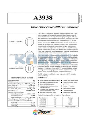 A3938SLD datasheet - Three-Phase Power MOSFET Controller