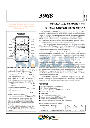 A3968SA datasheet - DUAL FULL-BRIDGE PWM MOTOR DRIVER WITH BRAKE