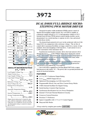 A3972 datasheet - DUAL DMOS FULL-BRIDGE MICROSTEPPING PWM MOTOR DRIVER