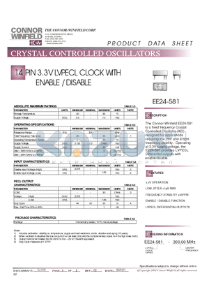 EE24-581-300.00M datasheet - 14 PIN 3.3V LVPECL CLOCK WITH ENABLE / DISABLE