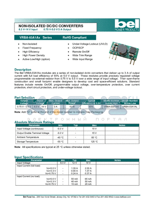 VRBA-03A1AX datasheet - NON-ISOLATED DC/DC CONVERTERS 8.3 V-14 V Input 0.75 V-5.0 V/3 A Output