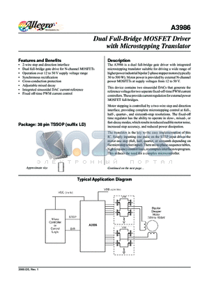 A3986 datasheet - Dual Full-Bridge MOSFET Driver with Microstepping Translator