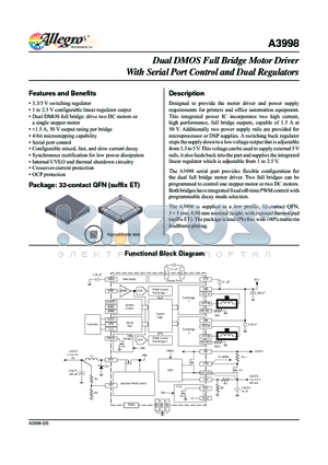 A3998 datasheet - Designed to provide the motor driver and power supply requirements for printers and office automation equipment.