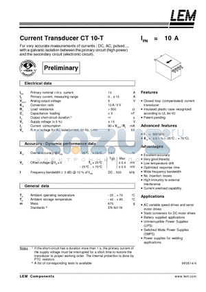 CT10-T datasheet - Current Transducers CT 10-T