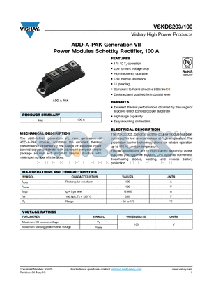 VSKDS203 datasheet - ADD-A-PAK Generation VII Power Modules Schottky Rectifier, 100 A