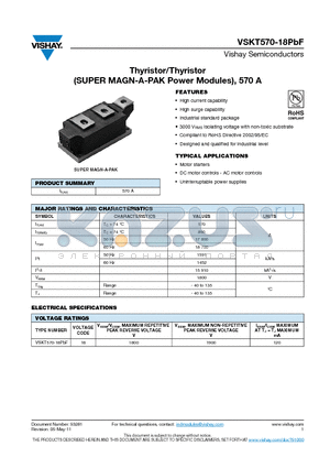 VSKT570-18PBF datasheet - Thyristor/Thyristor (SUPER MAGN-A-PAK Power Modules), 570 A