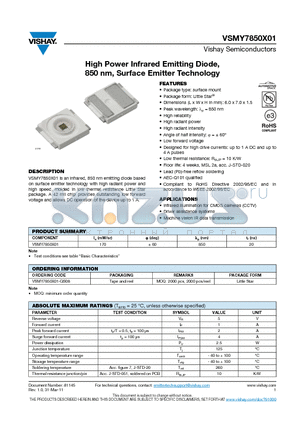 VSMY7850X01 datasheet - High Power Infrared Emitting Diode, 850 nm, Surface Emitter Technology