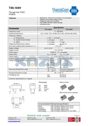 VT6-104H3 datasheet - Through hole TCXO HCMOS High reliable hermetic sealed package