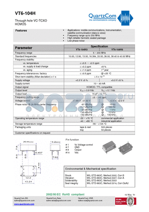 VT6-104H5 datasheet - Through hole VC-TCXO HCMOS High reliable hermetic sealed package