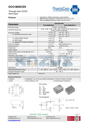 OCO-M36CES12 datasheet - Through hole OCXO Sine wave High frequency stability vs. temperature (up to a7.5 x 10-9)