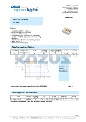 OCU-400UA375 datasheet - Series 400 - Ceramics UV - LED