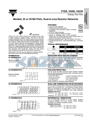 VTSR2405 datasheet - Molded, 25 or 50 Mil Pitch, Dual-In-Line Resistor Networks