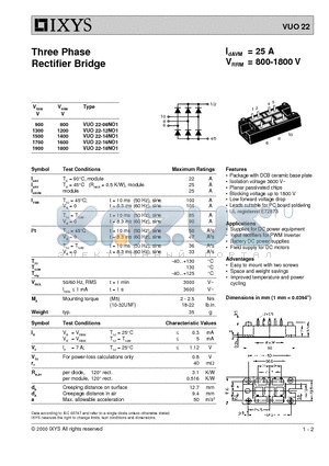 VUO22-08NO1 datasheet - Three Phase Rectifier Bridge