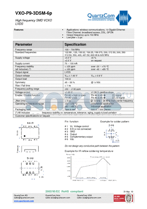 VXO-P9-3DSM-6P datasheet - High frequency SMD VCXO LVDS Output frequency up to 700 MHz