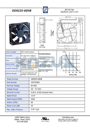 OD9225-60HB datasheet - 60V DC Fan 92x25mm