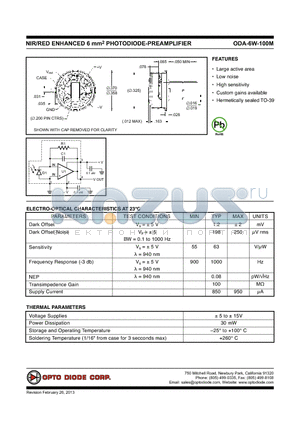 ODA-6W-100M datasheet - NIR/RED ENHANCED 6 mm2 PHOTODIODE-PREAMPLIFIER