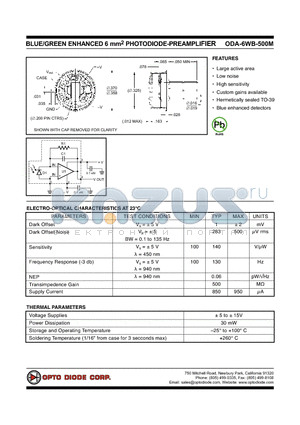 ODA-6WB-500M datasheet - BLUE/GREEN ENHANCED 6 mm2 PHOTODIODE-PREAMPLIFIER