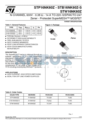 W16NK60Z datasheet - N-CHANNEL 600V - 0.38  - 14 A TO-220 /I2SPAK/TO-247 Zener - Protecdet SuperMESH MOSFET