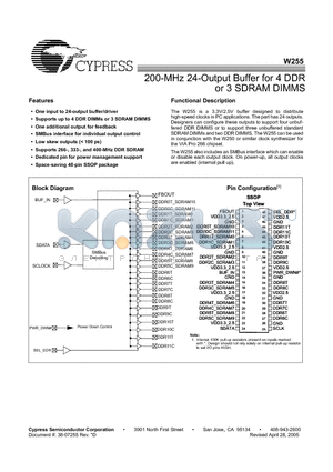 W255 datasheet - 200-MHz 24-Output Buffer for 4 DDR or 3 SDRAM DIMMS
